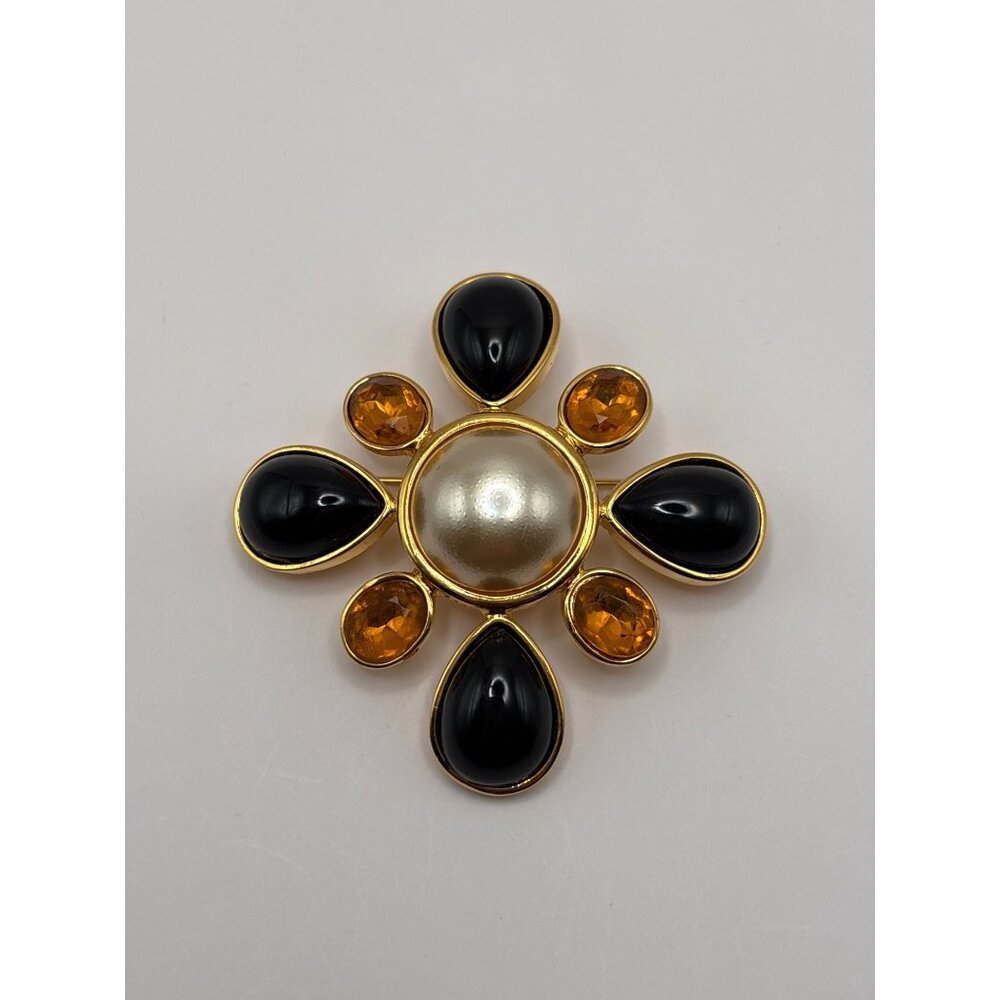 Joan Rivers VTG Maltese Cross Brooch Pin Black Amber Stones Faux Peal Gold Tone